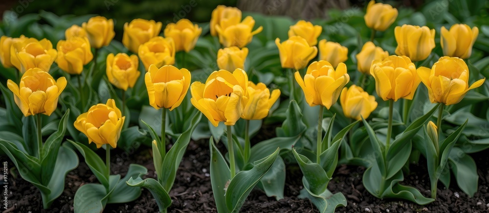 Many Yellow Tulips On The Flower Bed Many Yellow Tulips On The Flower Bed