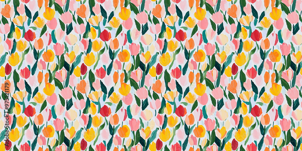 an impressionism painting pattern of tulips on a white background an impressionism painting pattern of tulips on a white background
