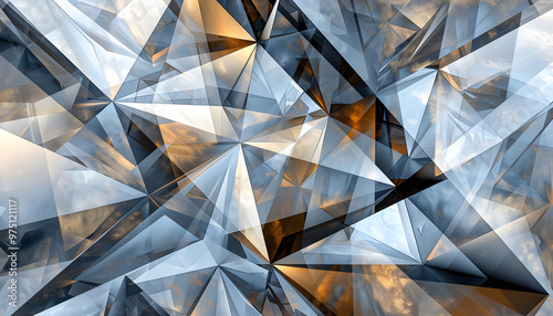 An intricate abstract design featuring multifaceted crystalline shapes in shades of silver and gold, creating a dazzling, reflective surface.