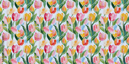 an impressionism painting pattern of tulips on a white background