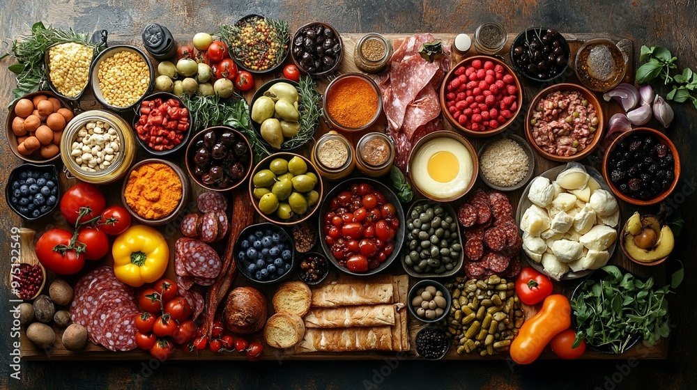 Fototapeta premium a Collage of various food products, arranged artistically to highlight diversity and culinary creativity.