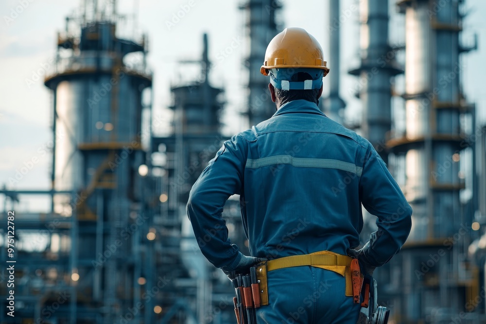 Industrial worker in overalls and helmet at oil production plant with tools and tower background