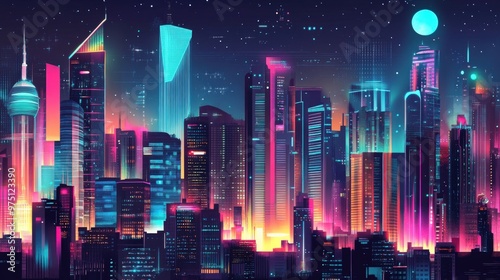 Wallpaper Mural A futuristic cityscape illuminated by neon lights at night with a full moon in the sky. Torontodigital.ca