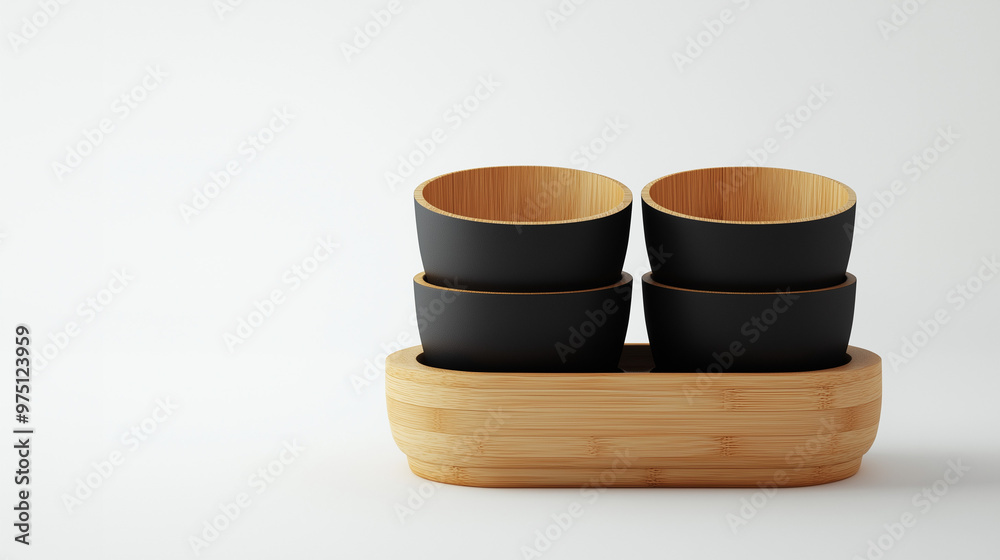 Set of four bamboo glasses on stylish stand on white background. Set of four bamboo glasses on stylish stand on white background.