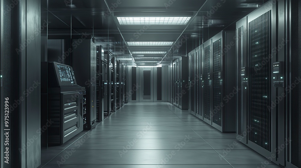 A modern data center corridor lined with server racks, showcasing a high-tech environment for data management. A modern data center corridor lined with server racks, showcasing a high-tech environment for data management.