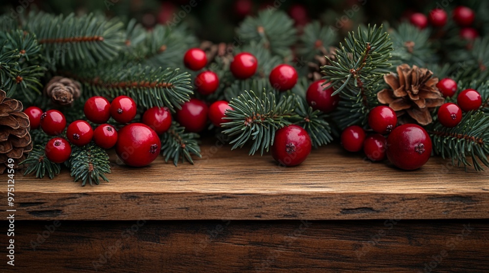 this Holiday evergreen branches and berries arranged over a rustic wood background, evoking a cozy and festive atmosphere. this Holiday evergreen branches and berries arranged over a rustic wood background, evoking a cozy and festive atmosphere.
