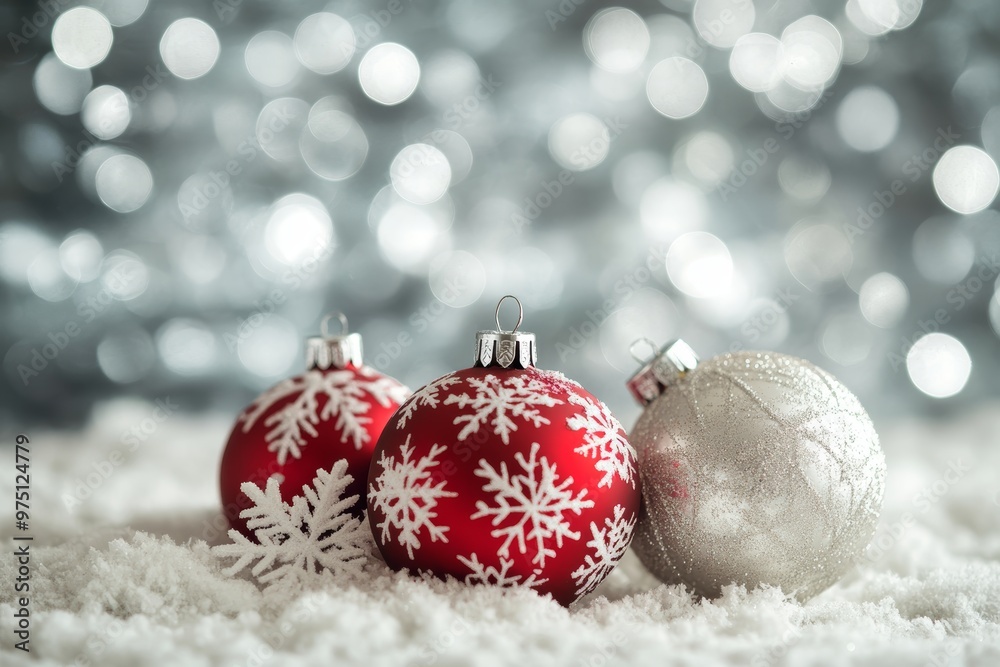 Festive christmas background featuring red and white ornaments on snowflakes with silver bokeh Festive christmas background featuring red and white ornaments on snowflakes with silver bokeh