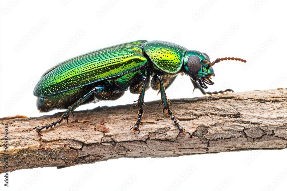 captivating borer beetle rests on a wooden piece, highlighting its glossy, metallic body and delicate legs. The contrast against the white background enhances its intricate features beautifully. captivating borer beetle rests on a wooden piece, highlighting its glossy, metallic body and delicate legs. The contrast against the white background enhances its intricate features beautifully.