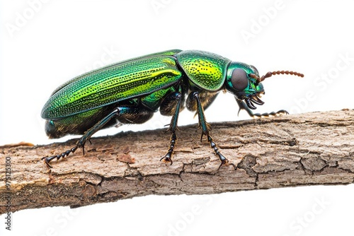 captivating borer beetle rests on a wooden piece, highlighting its glossy, metallic body and delicate legs. The contrast against the white background enhances its intricate features beautifully. photo