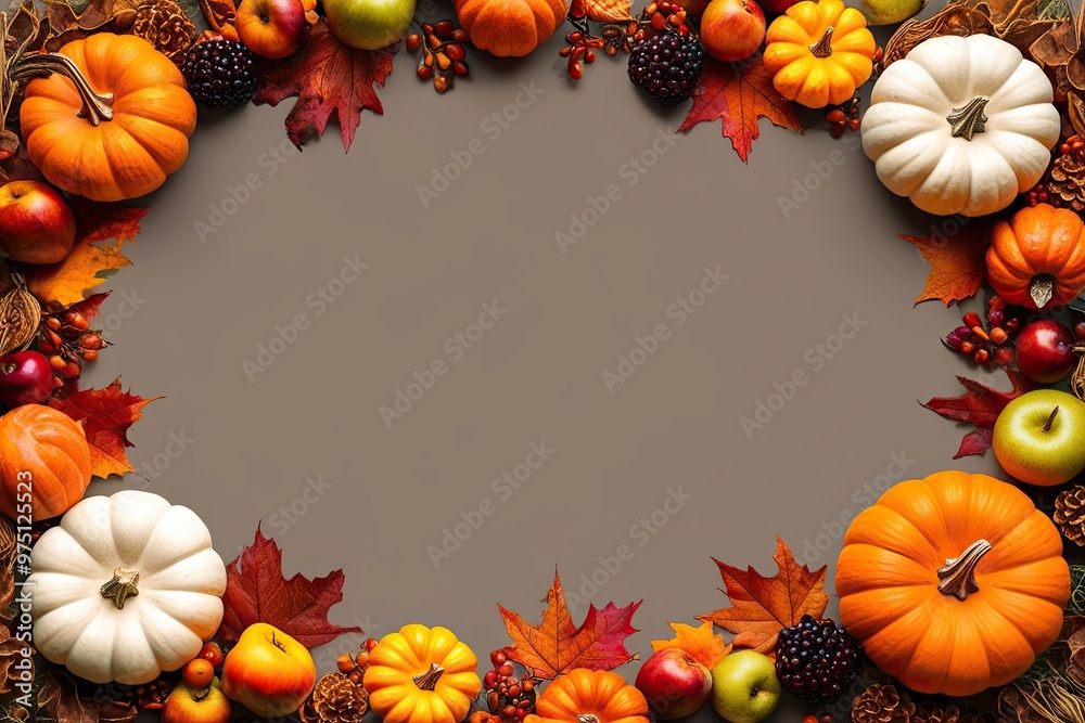 Elegant Thanksgiving Border with Ornamental Pumpkins, Juicy Fruits, and Crunchy Leaves on Isolated Canvas Elegant Thanksgiving Border with Ornamental Pumpkins, Juicy Fruits, and Crunchy Leaves on Isolated Canvas