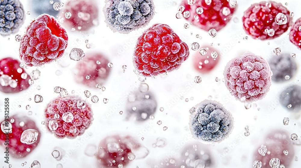 A group of frozen raspberries resting on a window sill with water droplets A group of frozen raspberries resting on a window sill with water droplets