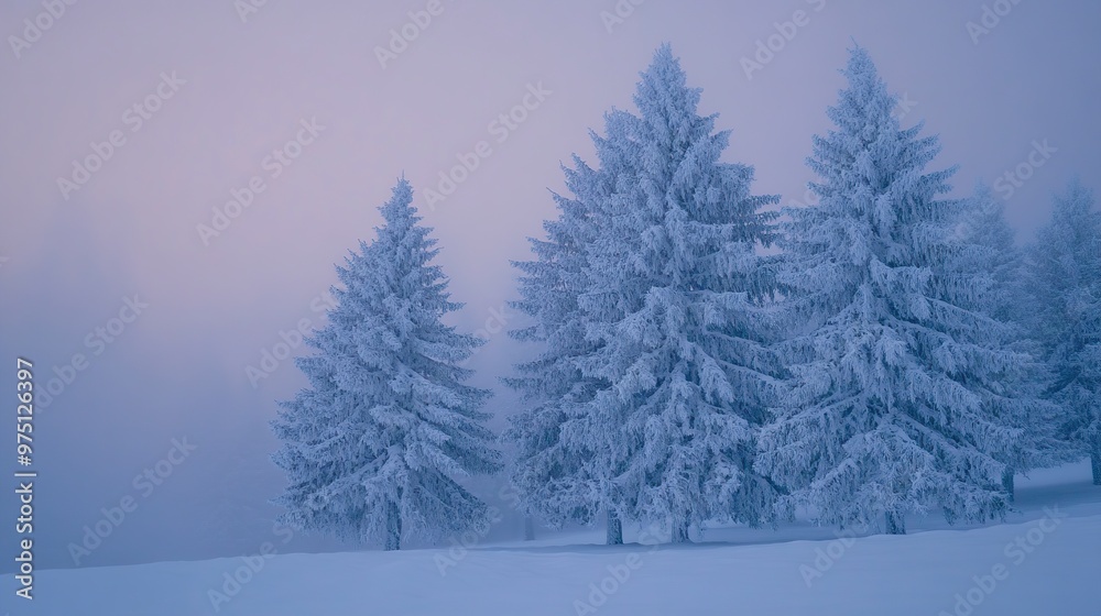 Naklejka premium A serene winter landscape featuring snow-covered evergreen trees in a foggy atmosphere.