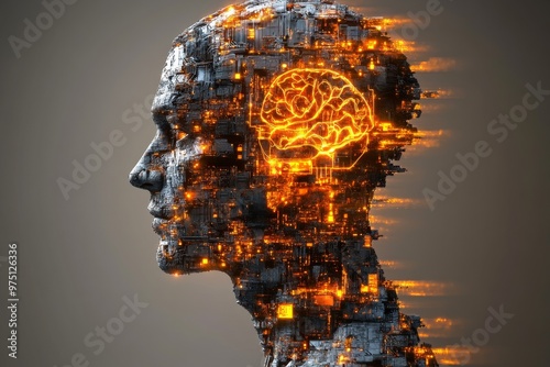 Brain chip interface cybernetic cognition neural pathways digital brain and brain fusion male silhouette made of glowing neural circuits symbolizing ai enhanced brain structure photo