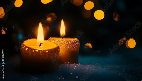 Advent candles glowing in darkness with sparkling flames and blurred background lights