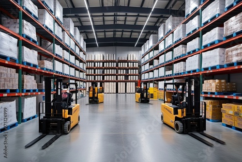 Spacious Retail Storage Center with Shelves of Goods, Stocked Pallets, and Active Forklifts in a Logistics Hub