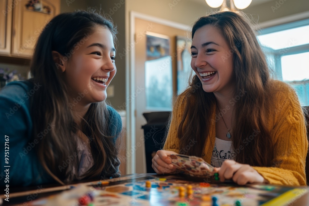 Fototapeta premium Warm and inviting moment mother and daughter bonding over a fun board game filled with laughter