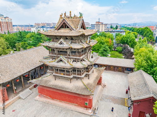 Aerial photography of Feiyun Tower in Wanrong County, Yuncheng City, Shanxi Province in summer photo