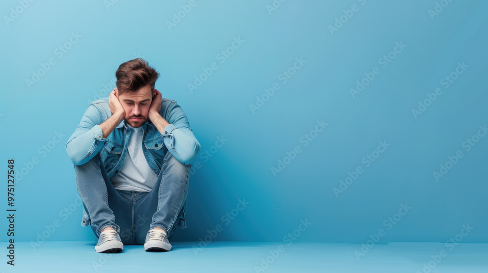 A young man sits on the floor against a blue background, appearing deep in thought or contemplation. A young man sits on the floor against a blue background, appearing deep in thought or contemplation.