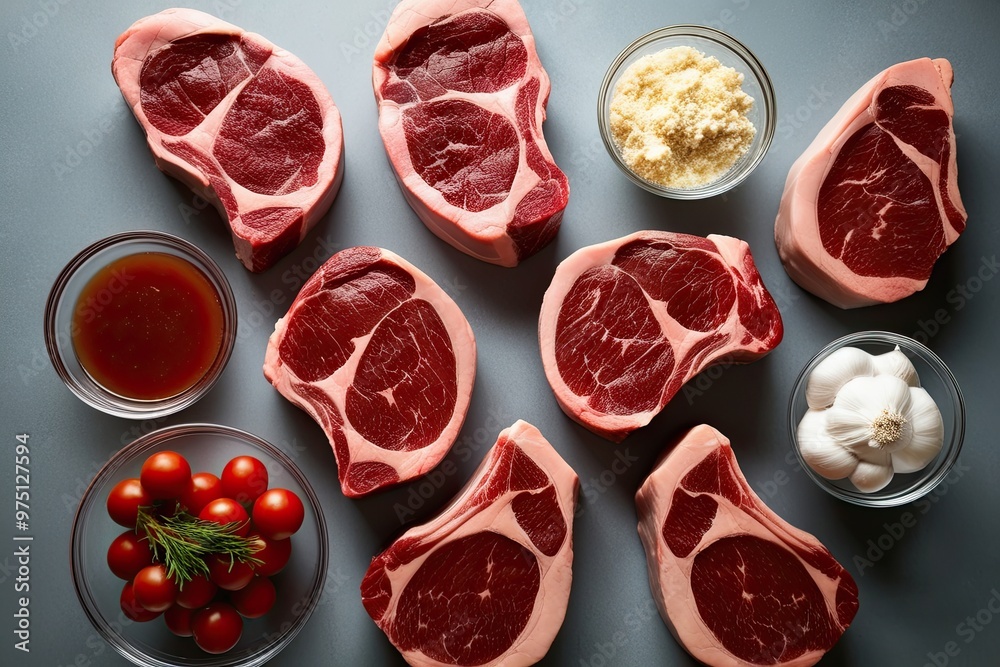 Premium Raw Steaks for Culinary Use Overhead Selection Isolated for Cooking Premium Raw Steaks for Culinary Use Overhead Selection Isolated for Cooking