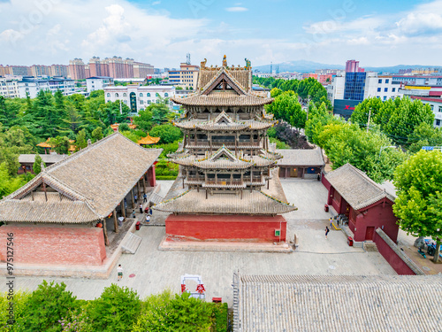 Aerial photography of Feiyun Tower in Wanrong County, Yuncheng City, Shanxi Province in summer photo