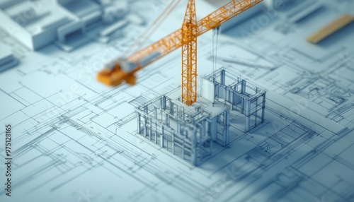 3d building construction blueprint featuring crane  a detailed photography shot of architecture photo