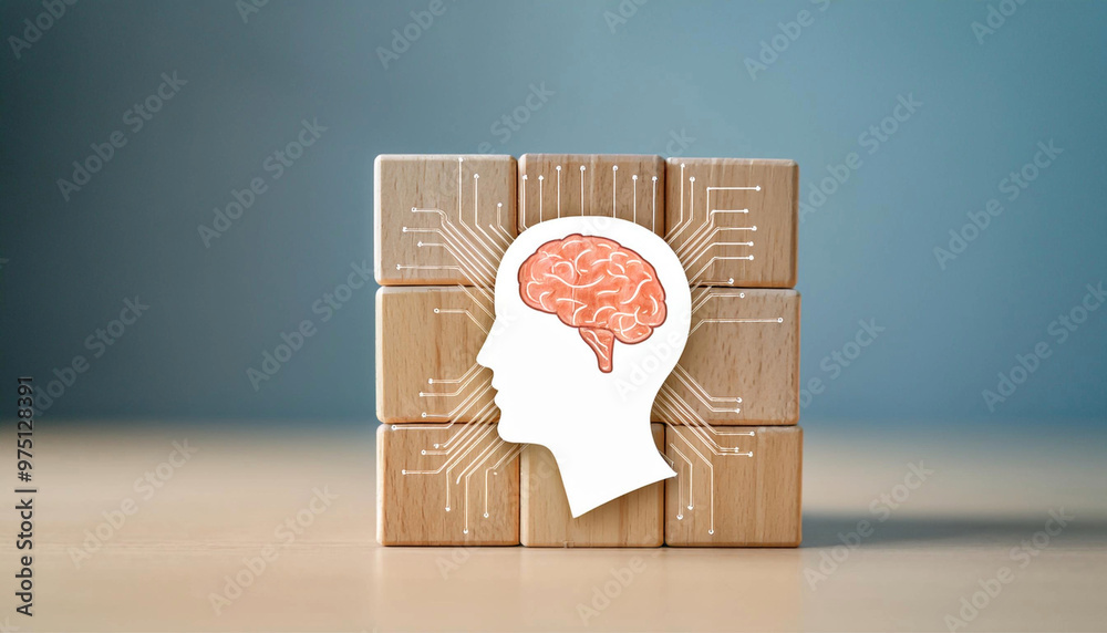 Brain Icon on Wooden Block with Digital Network Concept Brain Icon on Wooden Block with Digital Network Concept