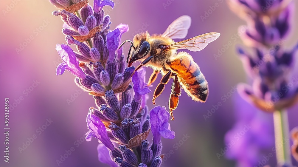 A bee pollinates a lavender flower, showcasing the beauty of nature and the importance of pollinators. A bee pollinates a lavender flower, showcasing the beauty of nature and the importance of pollinators.