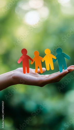 Hand holding colorful paper people symbolizing community support and social care in nature photo