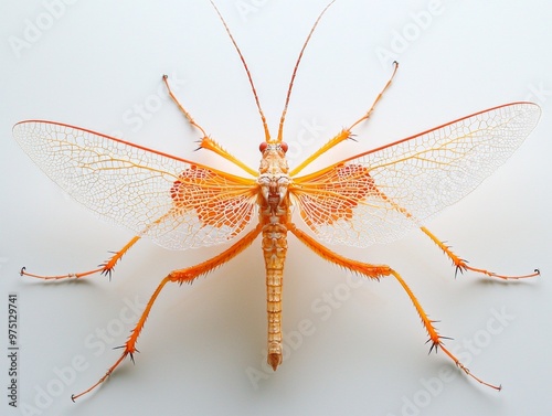 lace bug displays its stunning lace-like wings, intricately designed and colorful, creating a striking contrast with the minimalist white background in exquisite detail. photo