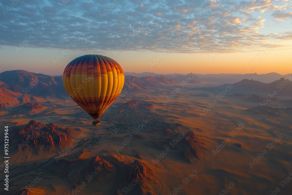 A hot air balloon rising above a vast desert landscape, with tourists gazing at the view. A hot air balloon rising above a vast desert landscape, with tourists gazing at the view.