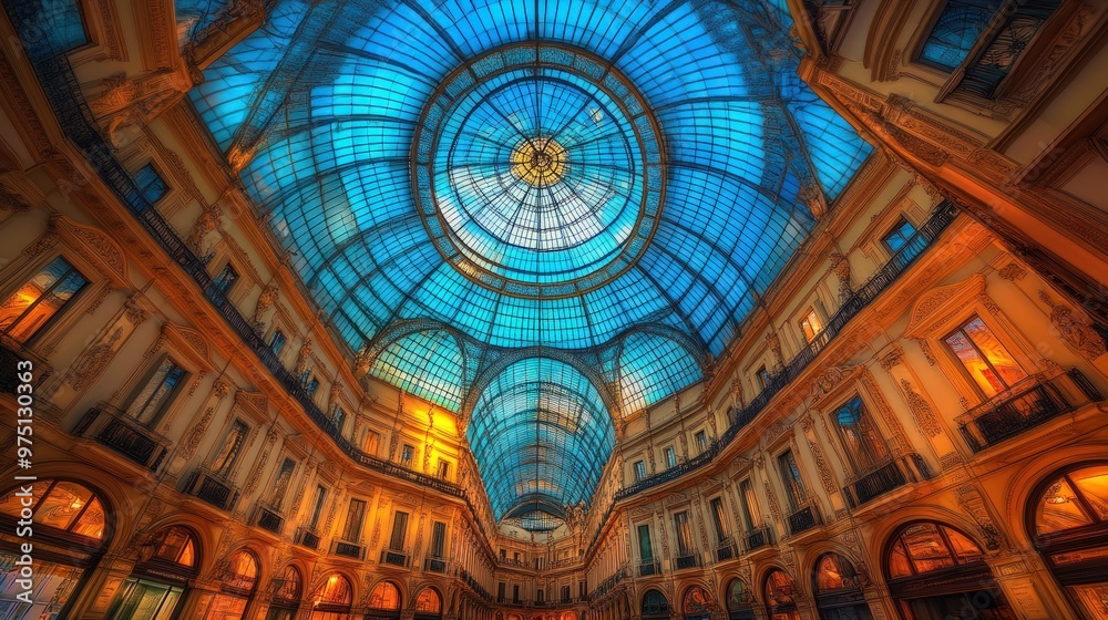 A grand, glass-covered shopping arcade with a blue, domed ceiling. A grand, glass-covered shopping arcade with a blue, domed ceiling.