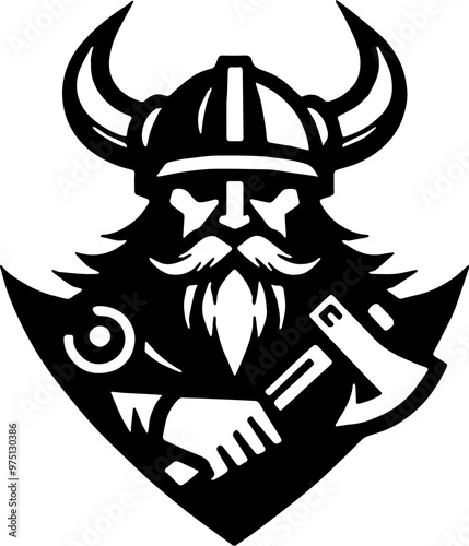 Iconic Viking Logo with Viking Helmet, Norse Mythology Symbol, Scandinavian Culture Emblem, Warrior Spirit Representation, Nordic Branding for Games, Clothing, and Sports Teams