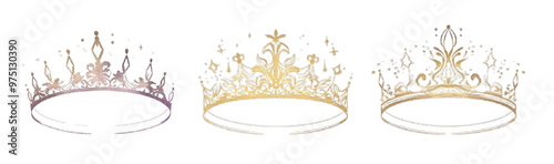 Stylish set of three crown clip art designs on a transparent background, perfect for embellishments, logos, and decorative elements in various creative projects.

