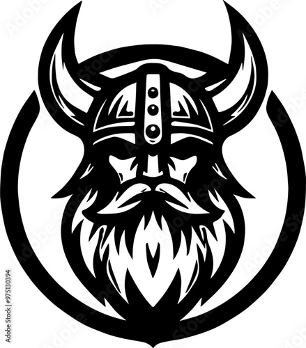Iconic Viking Logo with Viking Helmet, Norse Mythology Symbol, Scandinavian Culture Emblem, Warrior Spirit Representation, Nordic Branding for Games, Clothing, and Sports Teams