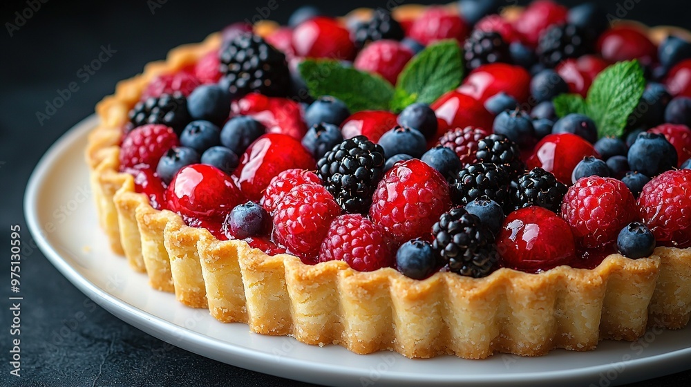 A white plate topped with a pie filled with berries and fresh mint leaves A white plate topped with a pie filled with berries and fresh mint leaves