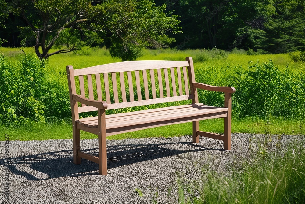 Wooden Bench Surrounded by Lush Greenery in Natural Setting Wooden Bench Surrounded by Lush Greenery in Natural Setting