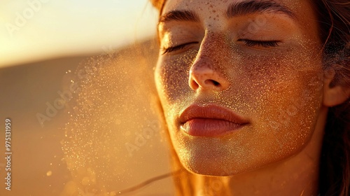   Close-up shot of a woman's face covered in sand with her eyes shut photo