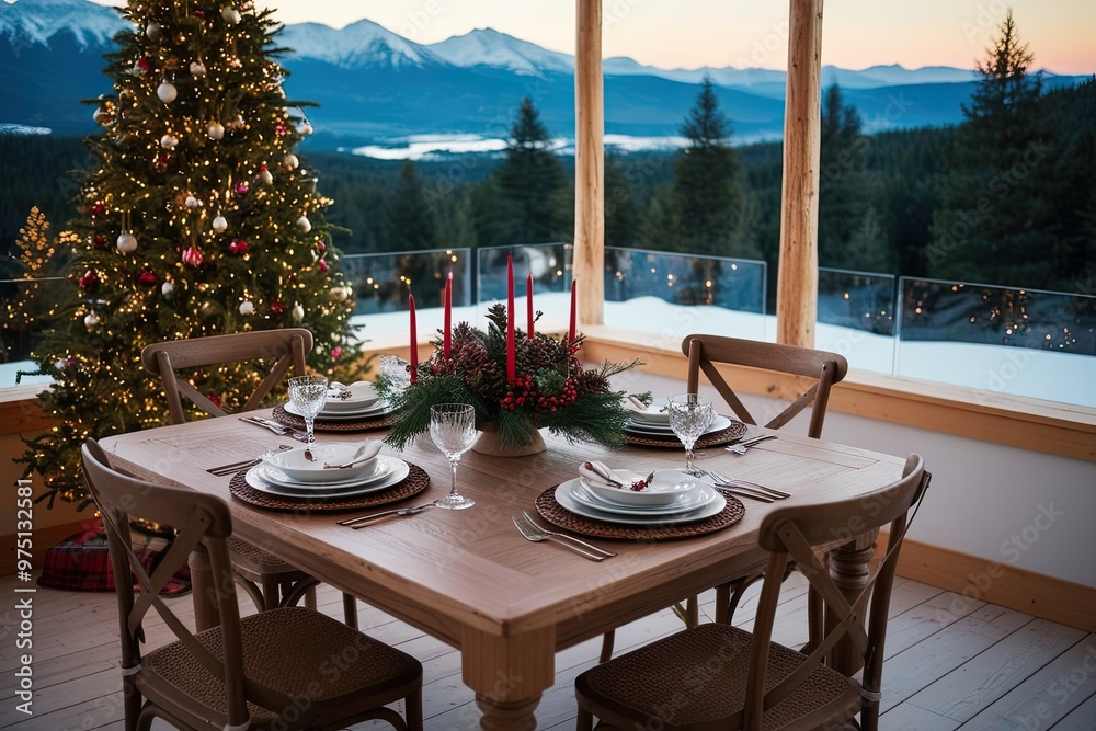 Obraz premium Charming Wooden Table Surrounded by a Magical Holiday Landscape