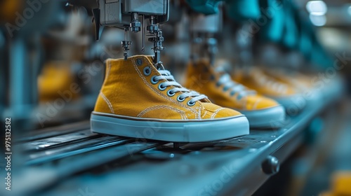 A detailed view of vibrant yellow shoes on an automated assembly line within a shoe factory, showcasing the industrial process of footwear manufacturing with machinery at work