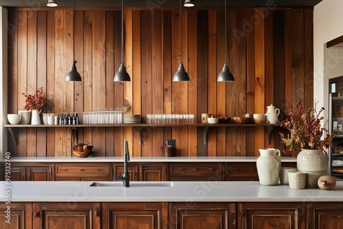 Cozy Warm Toned Vintage Wood Counter Backdrop for Inviting Ambiance photo