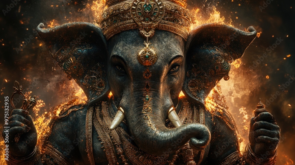 Close-up of a powerful, ornate, golden elephant statue with a fierce expression, staring directly at the viewer. Close-up of a powerful, ornate, golden elephant statue with a fierce expression, staring directly at the viewer.