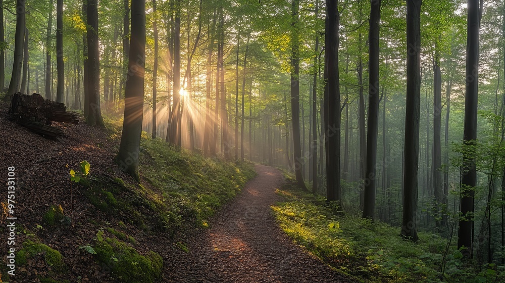 Walking path in Ziegeroda Forest, Saxony-Anhalt, Germany, Europe, as the sun rises through the morning mist. Green beech forest in its natural state Walking path in Ziegeroda Forest, Saxony-Anhalt, Germany, Europe, as the sun rises through the morning mist. Green beech forest in its natural state