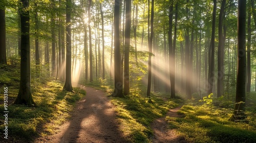 Walking path in Ziegeroda Forest, Saxony-Anhalt, Germany, Europe, as the sun rises through the morning mist. Green beech forest in its natural state 