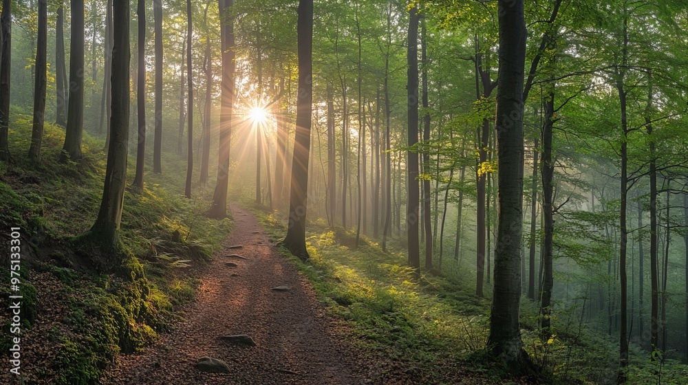 Fototapeta premium Walking path in Ziegeroda Forest, Saxony-Anhalt, Germany, Europe, as the sun rises through the morning mist. Green beech forest in its natural state 