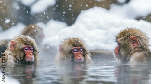 Three Japanese Macaques Relaxing in a Hot Spring with Snow Falling photo