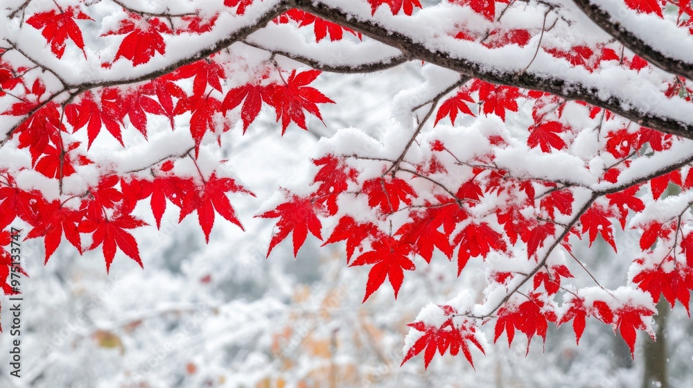 Snow-Covered Red Maple Leaves on a Branch Snow-Covered Red Maple Leaves on a Branch