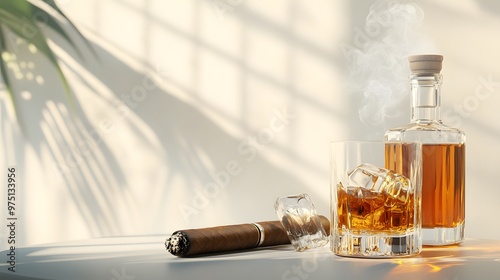 A bottle and a glass of whiskey with ice and a steaming Cuban cigar photo