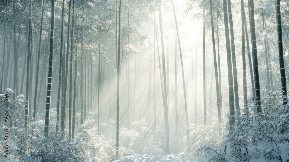 Naklejka premium Sunbeams through a Snowy Bamboo Forest
