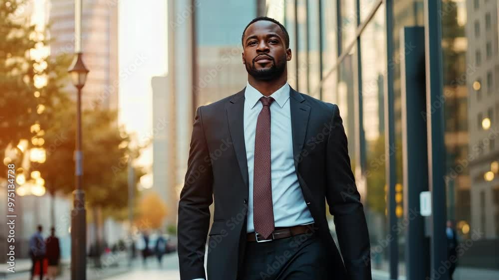 Professional man walking confidently through a bustling city street during golden hour in autumn Professional man walking confidently through a bustling city street during golden hour in autumn