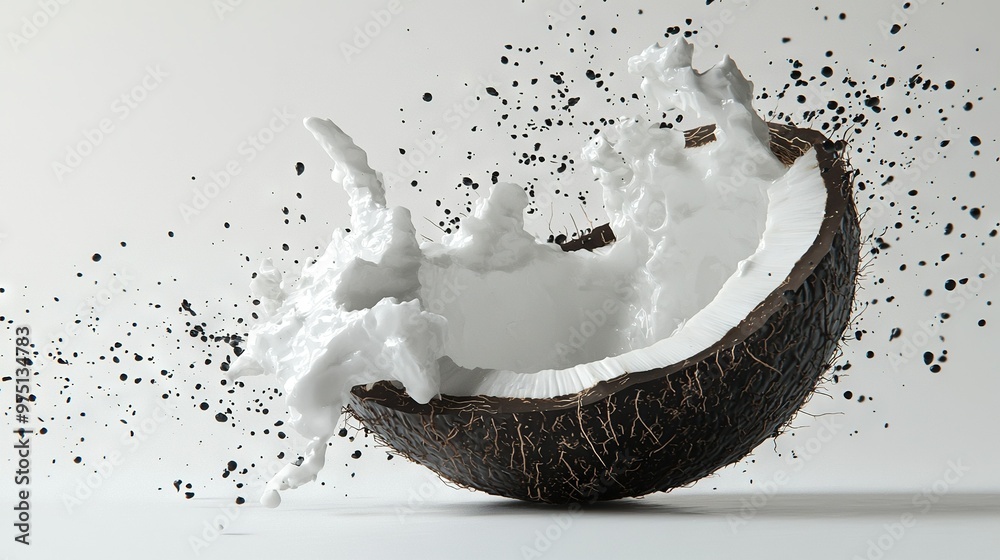 Close-up of coconut pouring milk onto white background Close-up of coconut pouring milk onto white background